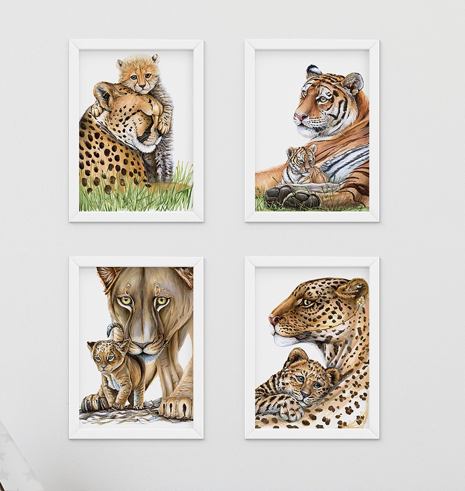 Set of 4 Mom and baby animal print animal family print lion Etsy