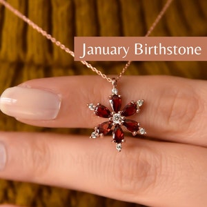 Garnet Daisy Necklace, Dainty Flower Charm Necklace, Gemstone Jewelry for Her, January Birthstone Necklace, Christmas Gift, Jewelry Set image 1