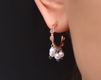 Rose Gold Pearl Earrings, Freshwater Pearl Hoop Earrings, Dainty Wedding Earrings for Her, Bridesmaid Jewelry, Minimalist Hoops,