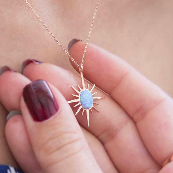 Opal Star Necklace, Dainty Opal Necklace, Handmade Celestial Jewelry, Jewelry Set, Starburst Charm Necklace, Northern Star Necklace