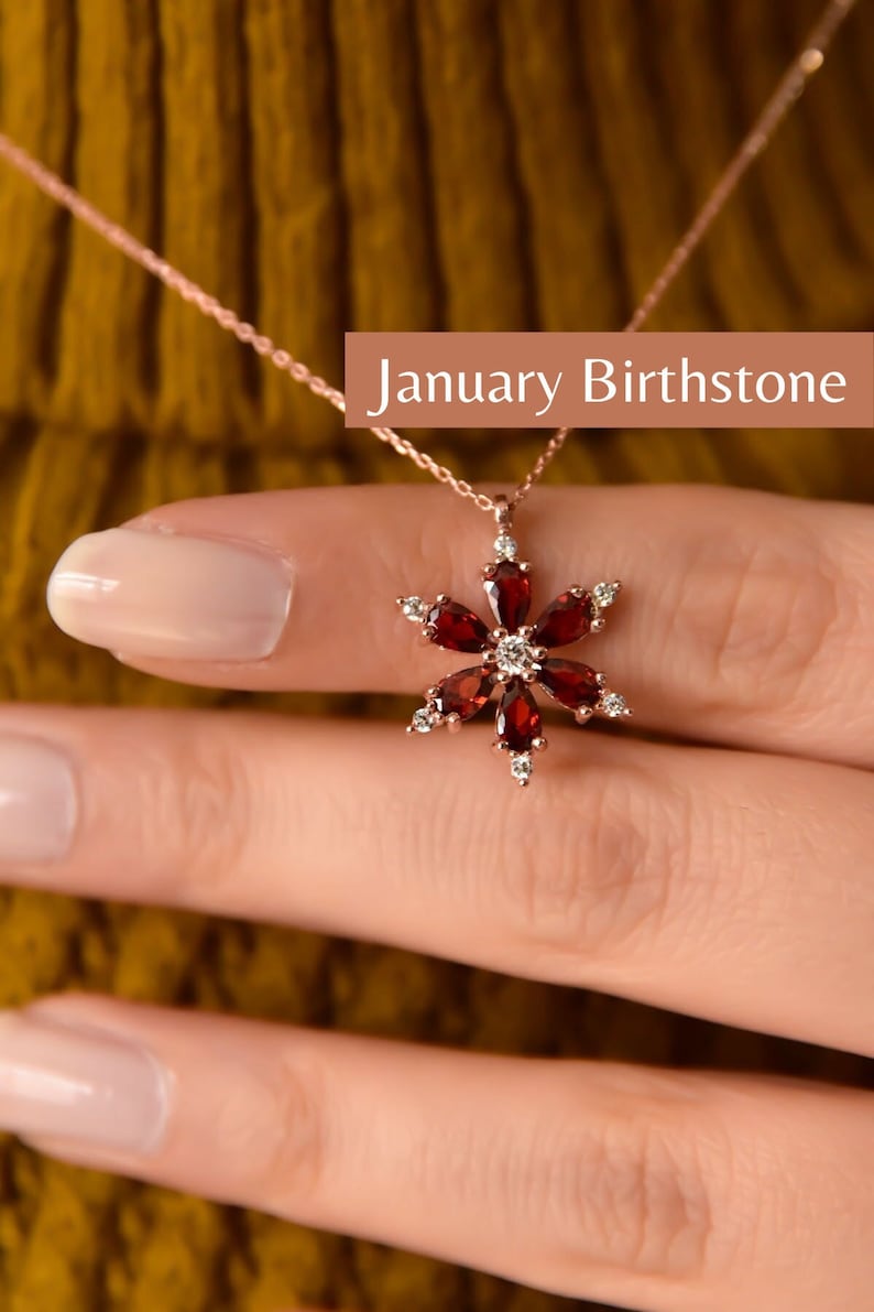 Garnet Daisy Necklace, Dainty Flower Charm Necklace, Gemstone Jewelry for Her, January Birthstone Necklace, Christmas Gift, Jewelry Set image 1