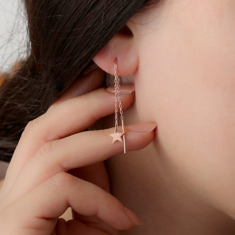 Bridesmaid Gift Dainty Star Dangle Earrings Falling Star Earrings Star Threader Earring Celestial Earrings Rose Gold Star Drop Earrings