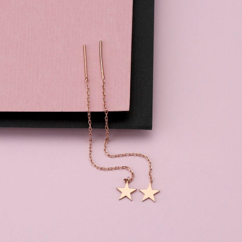 Bridesmaid Gift Dainty Star Dangle Earrings Falling Star Earrings Star Threader Earring Celestial Earrings Rose Gold Star Drop Earrings