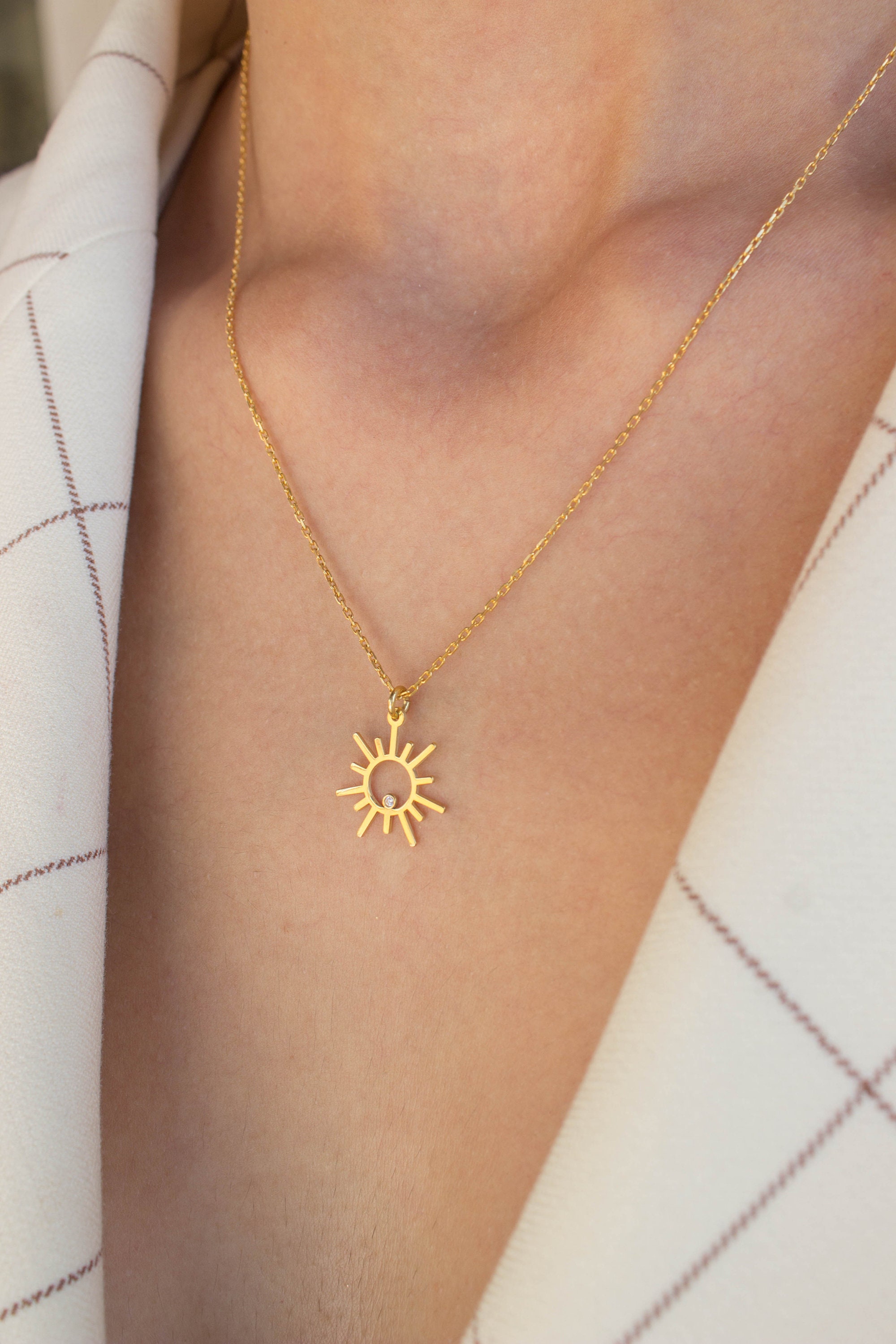Gold Sun Necklace Dainty Sunshine Necklace Layering Etsy