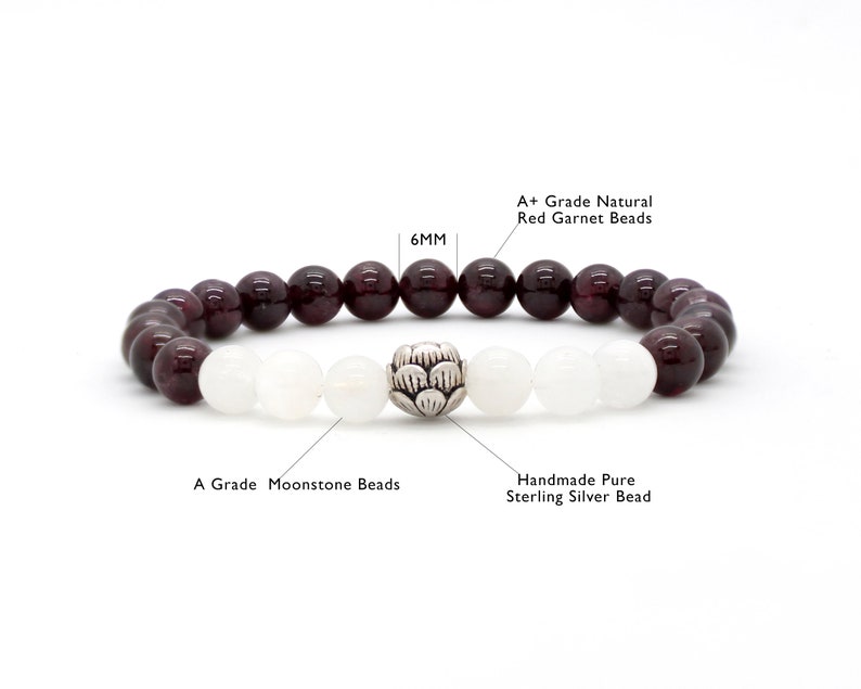 Beaded Bracelet Sterling Silver Bracelet Women Bracelet Genuine Red Garnet And Moonstone Gemstone Bracelet