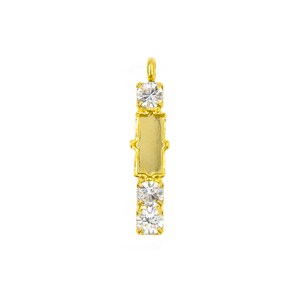 May include: A gold-colored pendant with a rectangular center and two clear, round gemstones. The pendant has a small loop at the top for a chain. The design is symmetrical and elegant, suitable for jewelry.