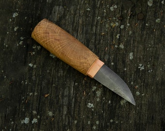 Couteau puukko forgé à la main, couteaux personnalisés bushcraft, bois japonais, bois, acier au carbone, sculpture extérieure, lame edc, cuivre de survie fixe