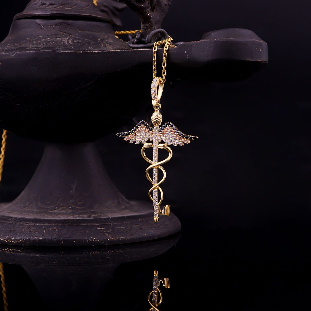 Caduceus Necklace Gold, Medical Symbol Necklace, Solid Gold Caduceus