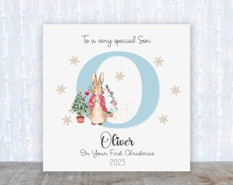 Baby&#39;s first Christmas card; Personalised Peter Rabbit Christmas card; Baby boy Christmas card; Beatrix Potter card; Christmas Card