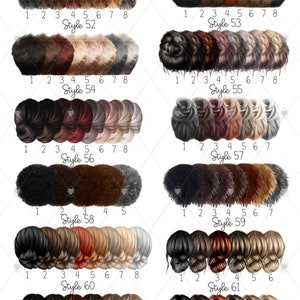 May include: A digital illustration of 61 different hairstyles for women. The hairstyles are arranged in rows with numbers 1 through 8 at the bottom of each row. The hairstyles are in various colors, including black, brown, blonde, and red.
