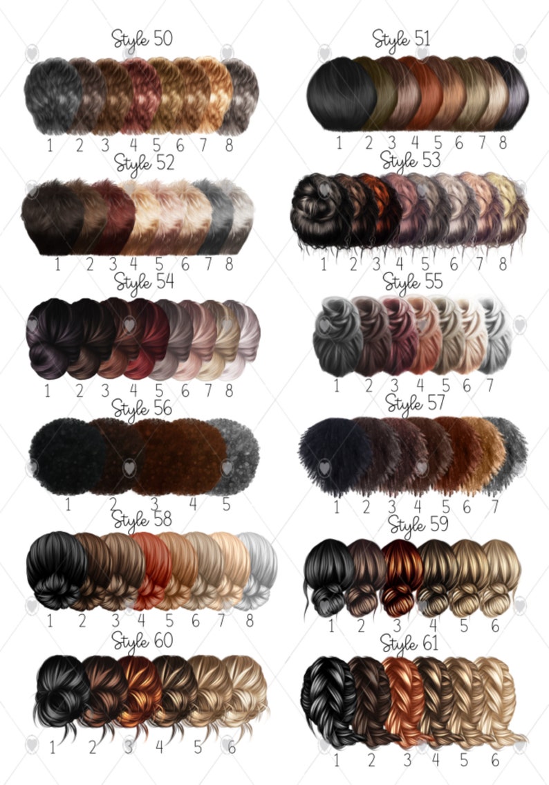 May include: A digital illustration of 61 different hairstyles for women. The hairstyles are arranged in rows with numbers 1 through 8 at the bottom of each row. The hairstyles are in various colors, including black, brown, blonde, and red.