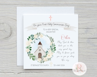 May include: A square greeting card with a watercolor illustration of a church, floral wreath, and text. The card reads "On your First Holy Communion Day" and includes the name "Orla" and the date "12th May 2024".