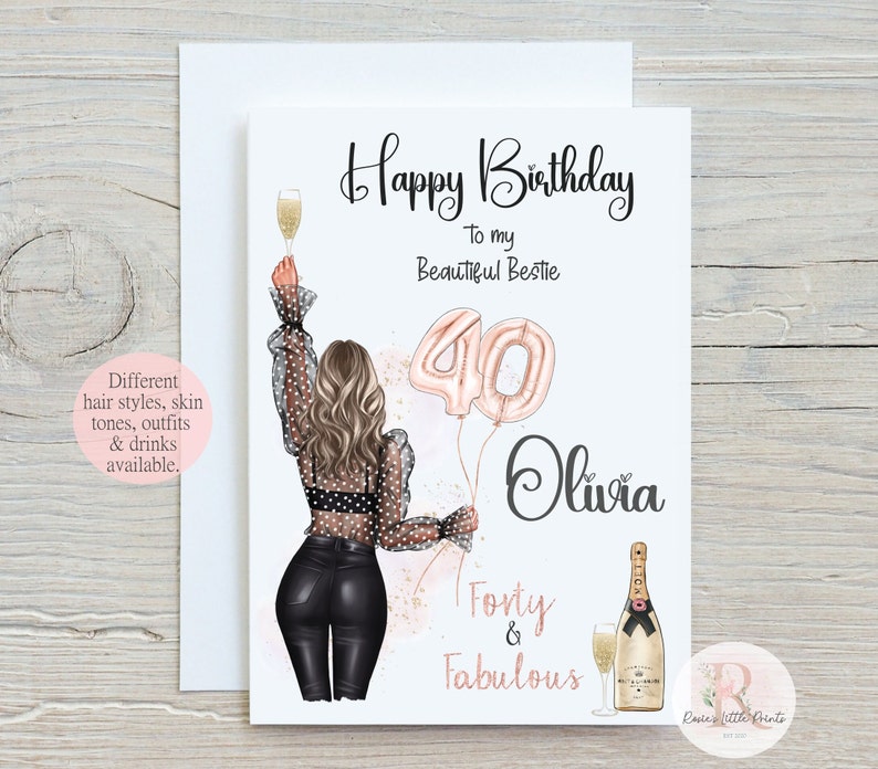 May include: A birthday card featuring a woman in a black dress with polka dots, holding a champagne flute and a pink balloon with the number 40. The text "Happy Birthday" and "To my Beautiful Bestie" is written in black cursive. The name "Olivia" is written in black below the balloon. The text "Forty & Fabulous" is written in black below the name. A bottle of champagne is in the bottom right corner.