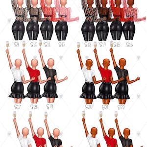 May include: A digital illustration of 28 different outfit options for a group of friends. Each outfit features a different top, bottom, and hairstyle. The outfits are all in a similar style, with a focus on casual and trendy looks. The illustration is perfect for creating custom avatars or designing personalized gifts.