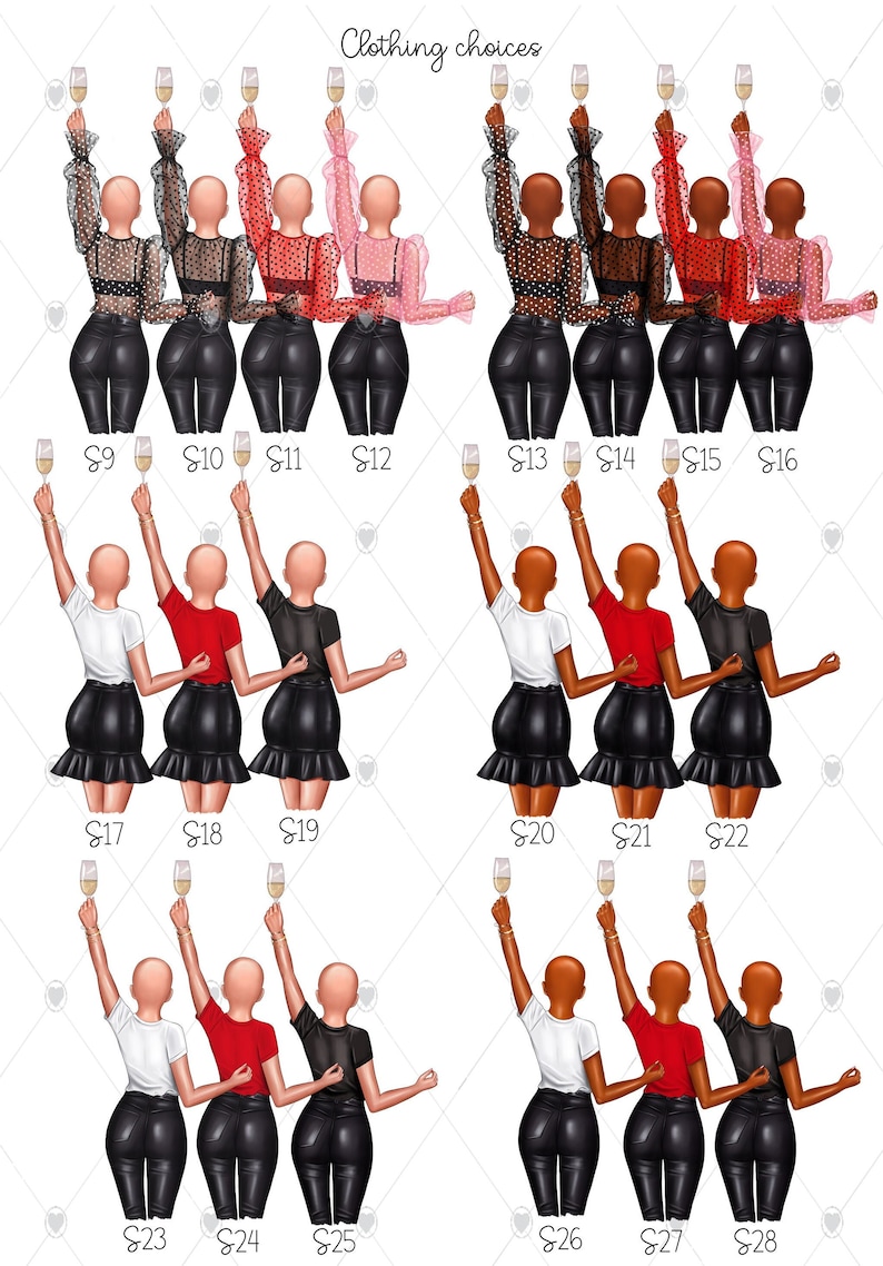May include: A digital illustration of 28 different outfit options for a group of friends. Each outfit features a different top, bottom, and hairstyle. The outfits are all in a similar style, with a focus on casual and trendy looks. The illustration is perfect for creating custom avatars or designing personalized gifts.