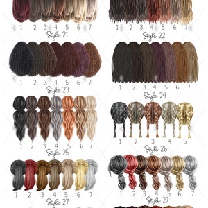 May include: A digital illustration of 27 different hairstyles for women. The hairstyles are arranged in seven rows of four hairstyles each. The hairstyles are all different colors and styles, including braids, ponytails, and buns.
