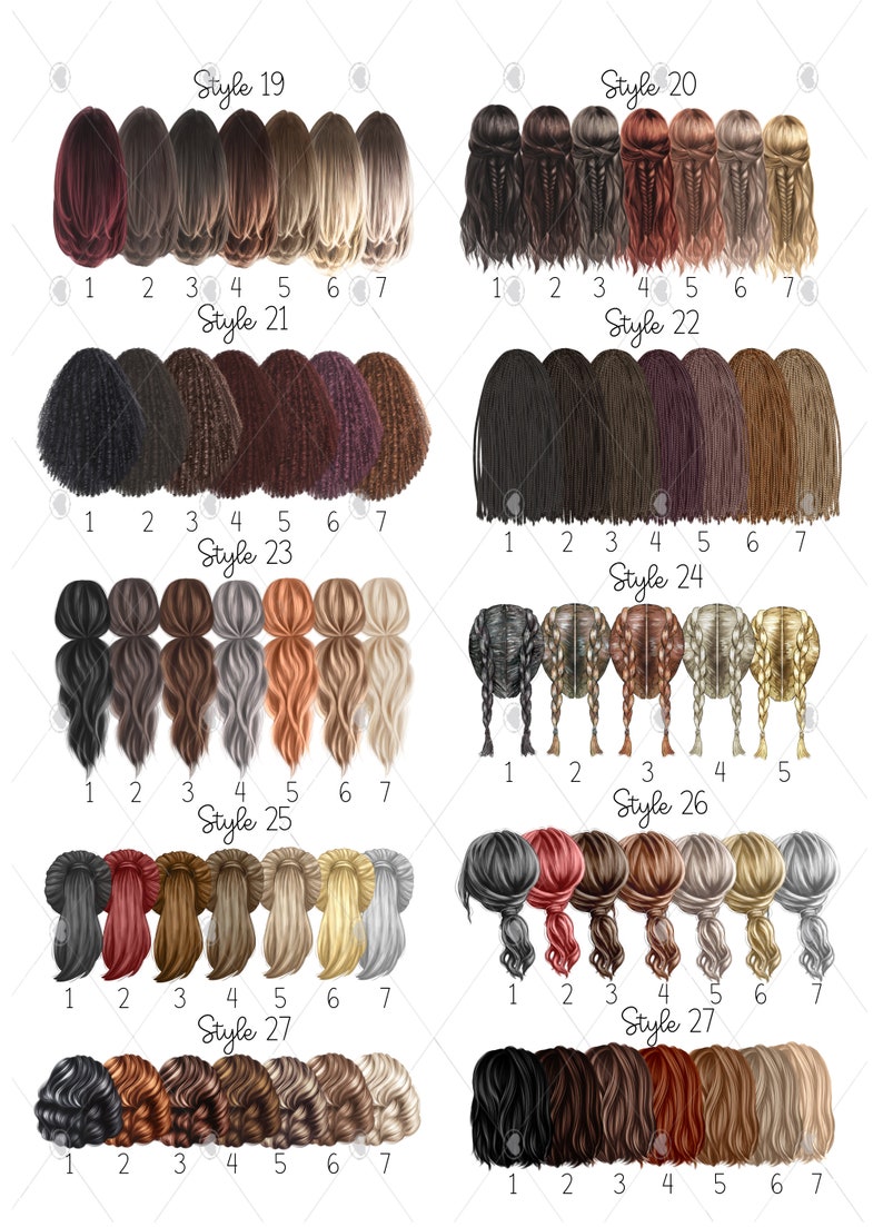 May include: A digital illustration of 27 different hairstyles for women. The hairstyles are arranged in seven rows of four hairstyles each. The hairstyles are all different colors and styles, including braids, ponytails, and buns.