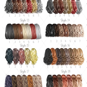 May include: A chart showing 18 different hairstyles for a group of friends. Each style has 7 or 8 different hair colors to choose from. The styles are numbered 11 through 18.