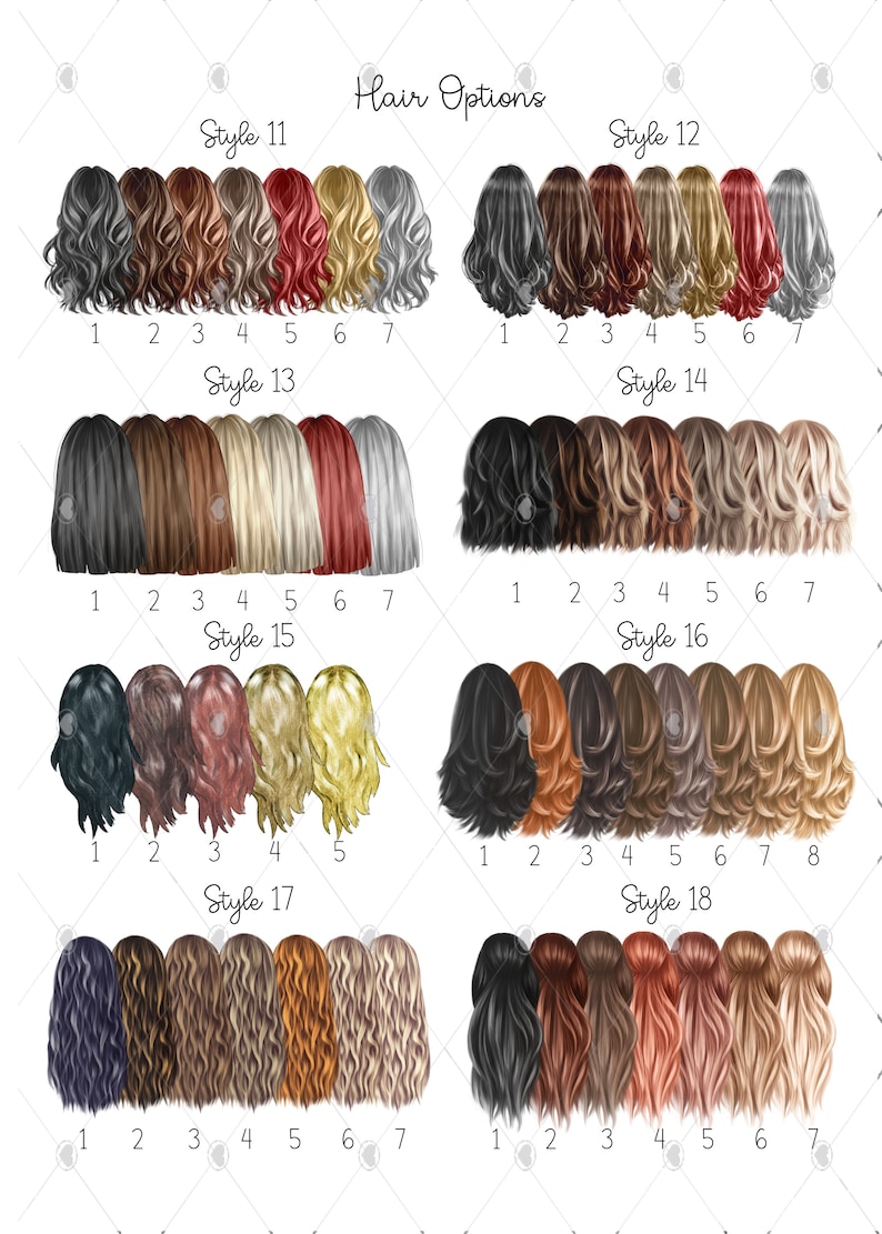 May include: A chart showing 18 different hairstyles for a group of friends. Each style has 7 or 8 different hair colors to choose from. The styles are numbered 11 through 18.