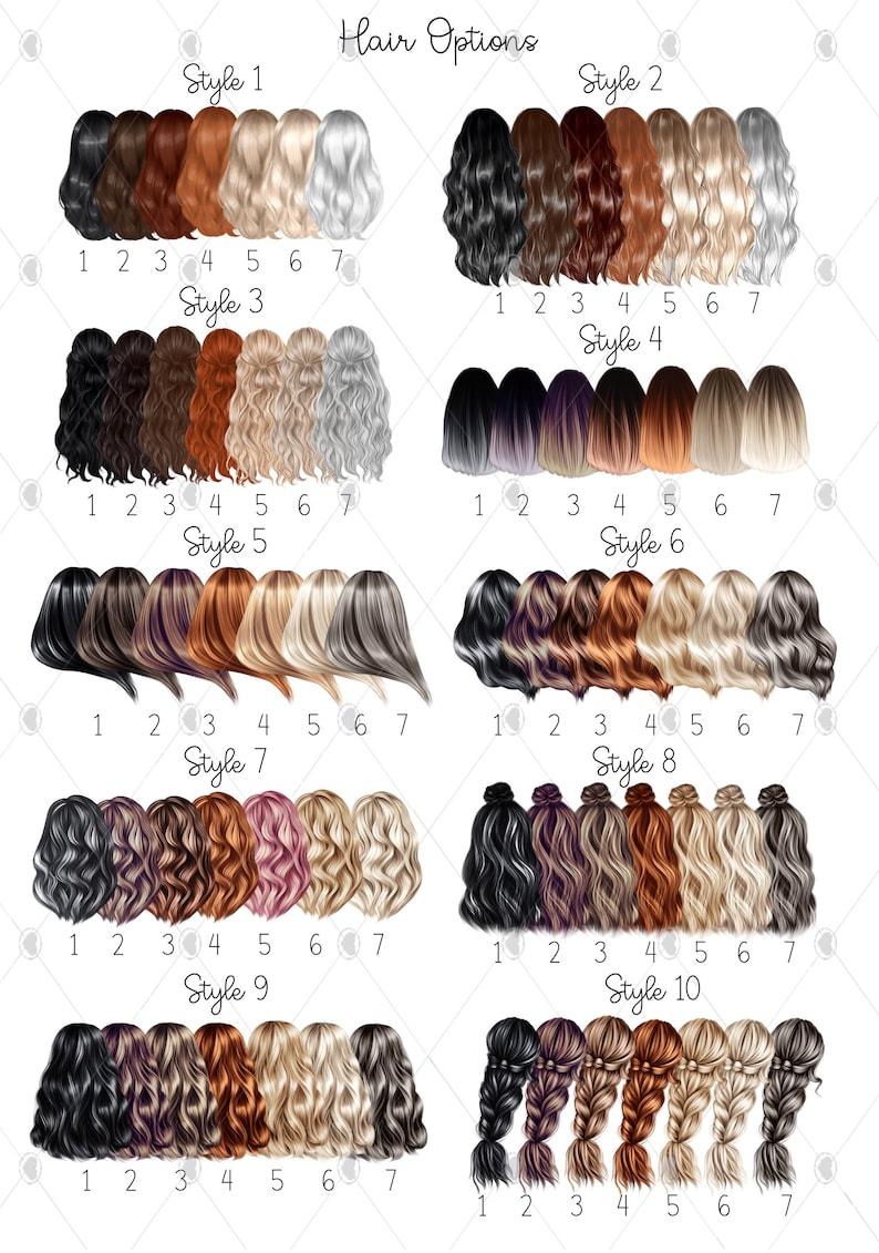 Hair style and colour options.
