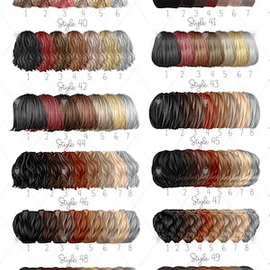 May include: A chart showing 49 different hairstyles for women. Each style has 7 or 8 different hair colors. The styles are numbered 1 through 8.