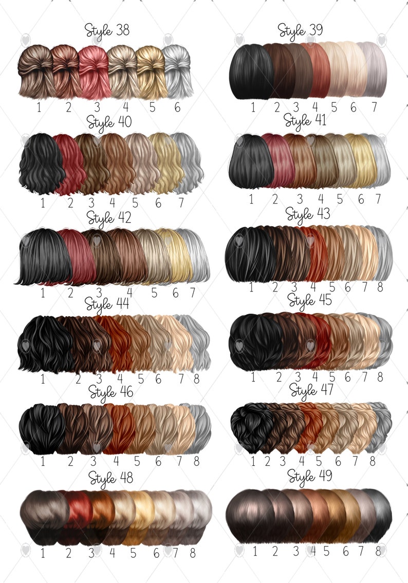 May include: A chart showing 49 different hairstyles for women. Each style has 7 or 8 different hair colors. The styles are numbered 1 through 8.