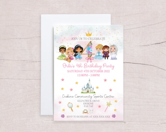 Princess Party invitations Handmade party invitations A6 party invitations kids party invitations Personalised princess party invitations