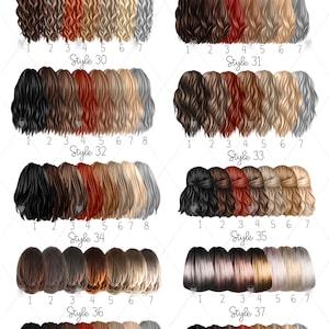 May include: A chart showing 8 different hairstyles for a group of 8 friends. Each hairstyle is numbered 1 through 8 and labeled with a style number from 28 to 37.