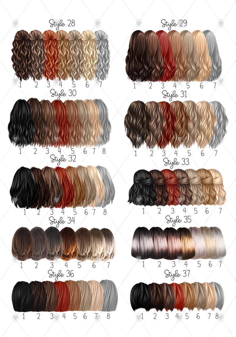 May include: A chart showing 8 different hairstyles for a group of 8 friends. Each hairstyle is numbered 1 through 8 and labeled with a style number from 28 to 37.