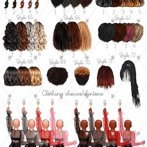 May include: A digital illustration of 8 different hairstyles for women. The hairstyles are numbered 1 through 8. Below the hairstyles are 8 different clothing choices for women. The clothing choices are numbered 1 through 8.