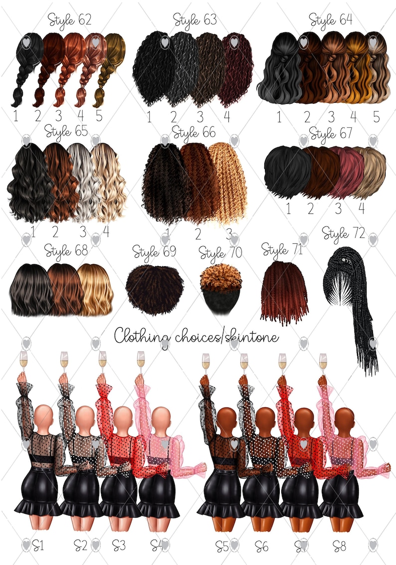 May include: A digital illustration of 8 different hairstyles for women. The hairstyles are numbered 1 through 8. Below the hairstyles are 8 different clothing choices for women. The clothing choices are numbered 1 through 8.