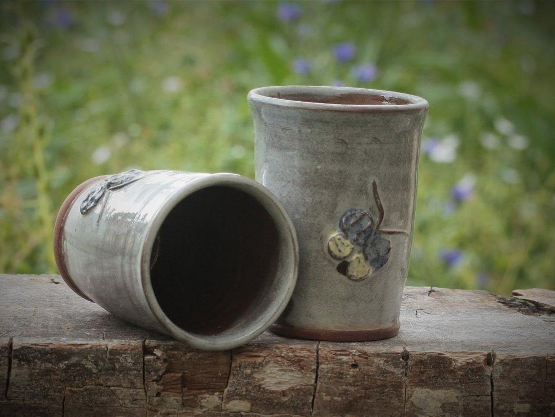 Une Paire de Tumblers Bleu Lavande/Gris avec Des Brins Papillons Nuit Surélevés.