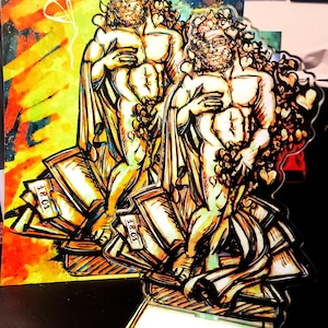 May include: Two acrylic art pieces featuring a muscular figure with a beard, glasses, and a crown of hearts. The figure is draped in flowing fabric and stands atop a stack of books. The text "18.01" is visible on the books. The background is a colorful abstract painting.
