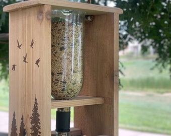 Custom Engraved Cedar Wine Bottle Bird Feeder – Solar Light Option