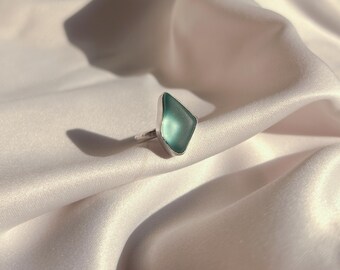 Blue Hawaiian Sea Glass Ring: Sterling Silver Statement Ring, Size 7.5