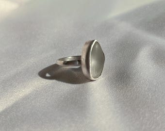 White Hawaiian Sea Glass Ring: Sterling Silver Statement Ring, Size 5.5