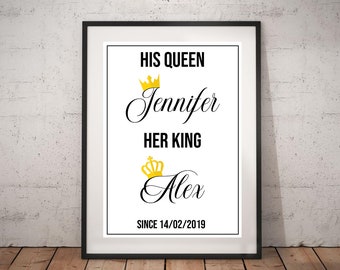 Personalized His Queen Her King Poster, Digital Download, Wall Art, Quote Print, Valentine's Day Gift, Love