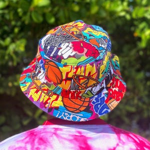 Colorful Basketball Graffiti Bucket Hat, Premium Streetwear Bucket Hat, 90's Y2K Style Basketball Bucket Hat, Graffiti Basketball Bucket Hat