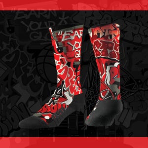 Red and Black Graffiti Basketball Unisex Crew Socks for Youth, Men & Women, Basketball Fan Gift for Boyfriend, Makes a Great Gift!