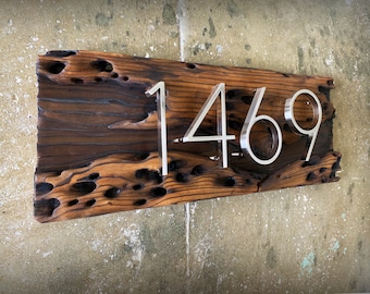 Handmade Rustic Modern Address Number Plaque Shipworm Cedarwood Unique Metal Sign