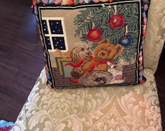 Vintage Christmas Needlepoint Pillow with Teddy bear, cat, and dog under tree