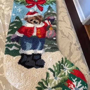 Wool  needlepoint Christmas bear stocking ( measurements are in photos)
