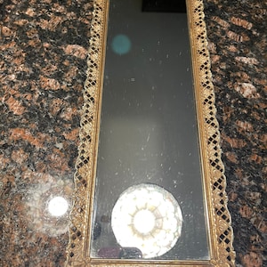 Vintage mirror tray for bathroom, vanity ornate, rectangular in size, measurements are in photos ( some scratches on mirror, Sold As Is)
