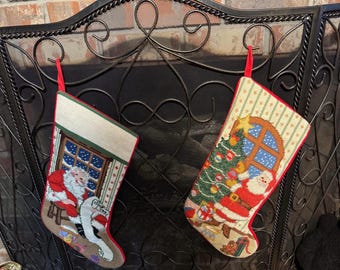 Vintage Wool Needlepoint Christmas Stockings-2-( Santa and tree and Santa with list) Tiny hole on back of -1- stocking