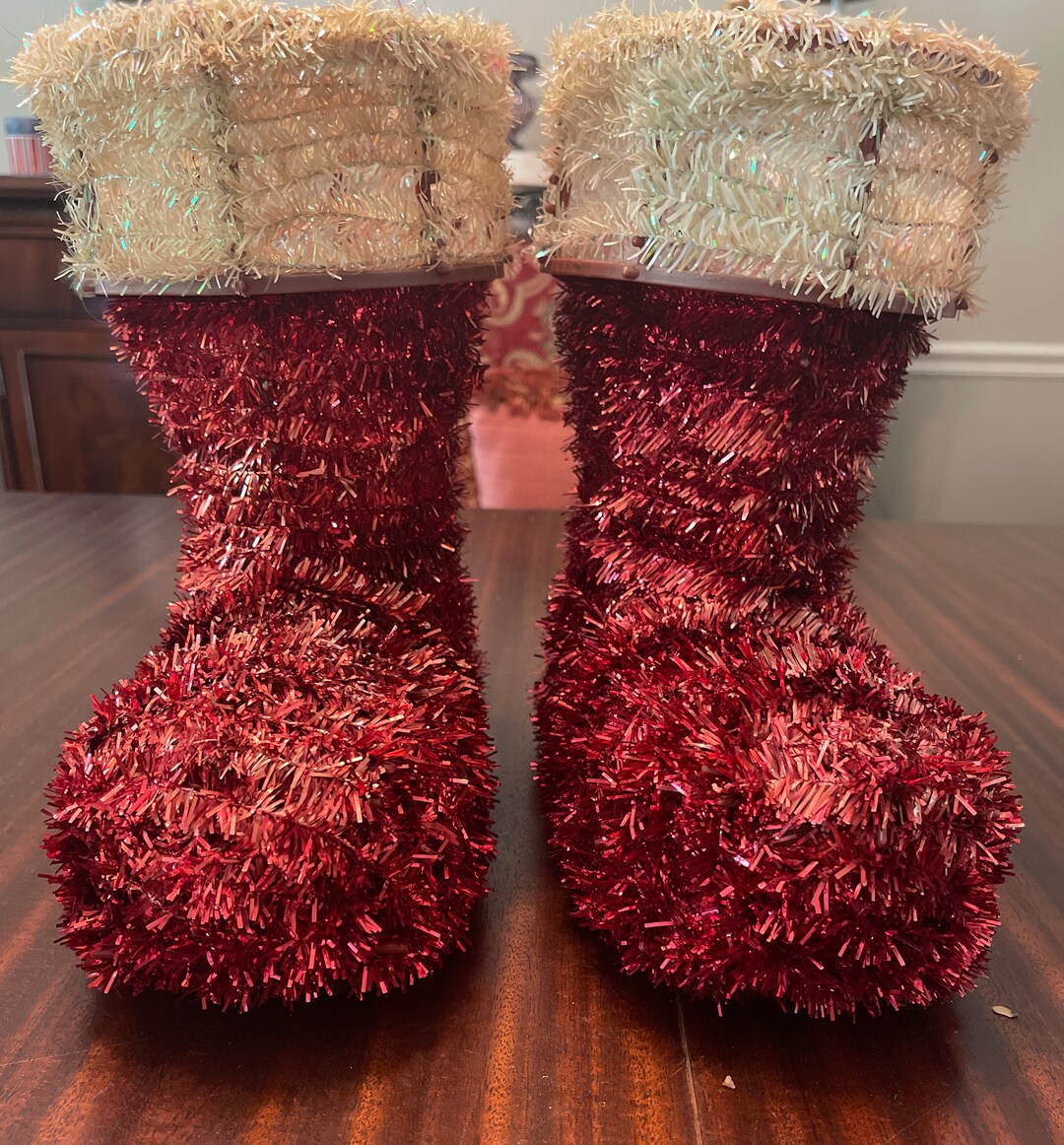 Vintage Pair Santa Red Tinsel Boots Perfect for Candy Canes