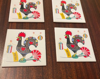 Vintage Rooster trivets from Portugal set of -4- measurements are in photos ( Sold As Is)