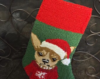 Chihuahua Hooked Wool Christmas Stocking , mantle Christmas, fireplace, Christmas morning
