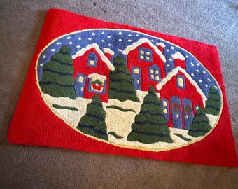Vintage Christmas rug, red green rug, ( Sold AS IS)