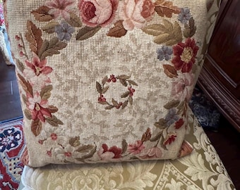 Vintage Needlepoint Wool Floral Pillow by Peking Handicraft