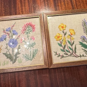 Vintage Crewel Floral embroidered wall hangings set of -2-( READ All INFO)